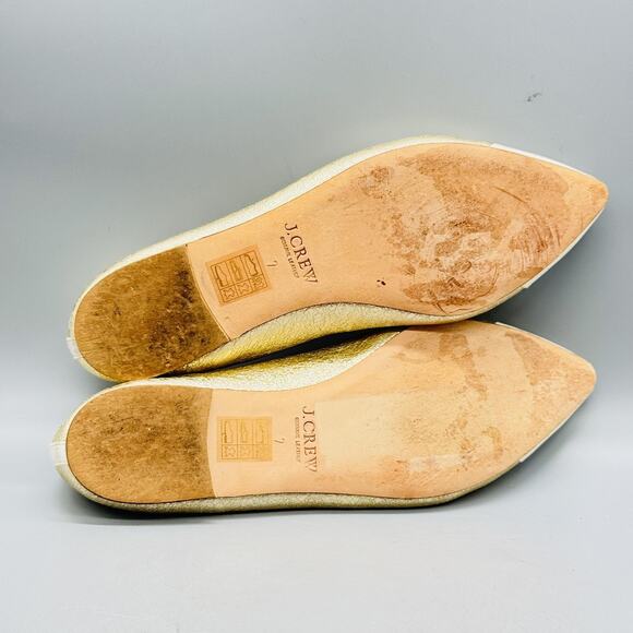 J Crew Shoes Women 7 Gold Leather Ballet Flat Pointed Cap Toe Bow Slip On Casual - Picture 7 of 9